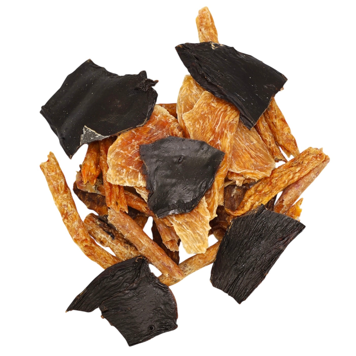 Dried black and brown pieces on a white background