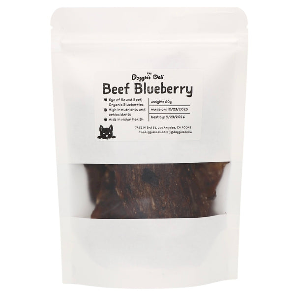 Package of Beef Blueberry dog treat with visible text and branding on a white background
