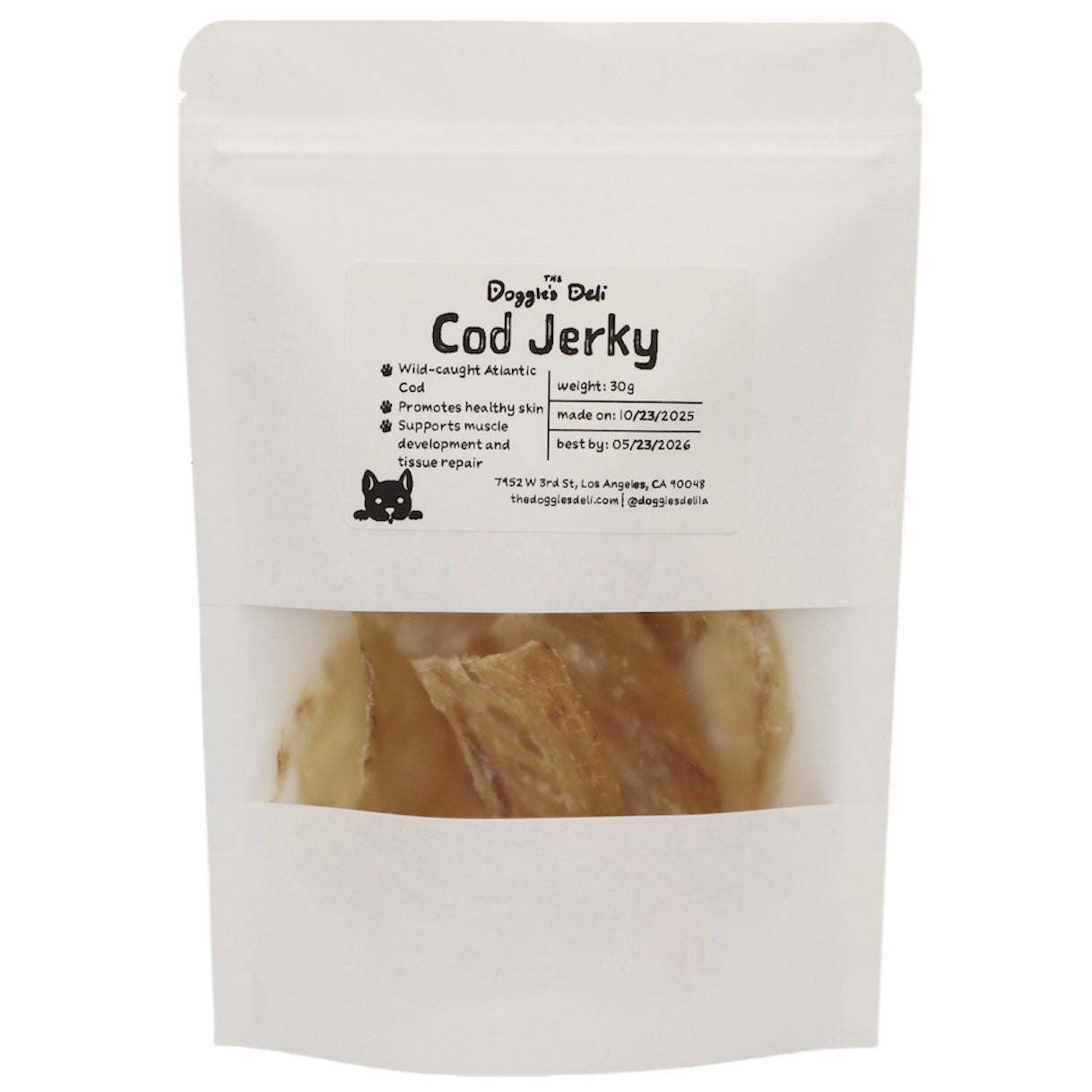 Package of Cod Jerky for dogs with visible text and branding.