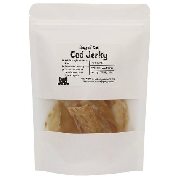 Package of Cod Jerky for dogs with visible text and branding.