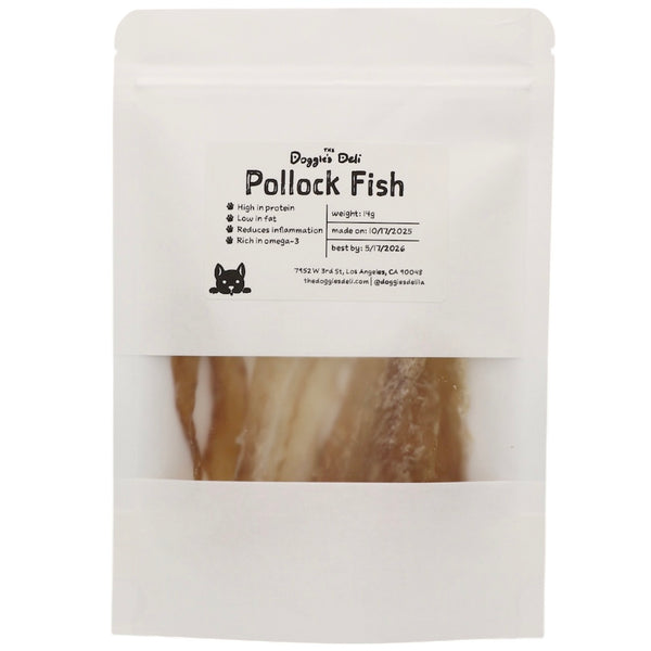 Package of pollock fish with label on a white background