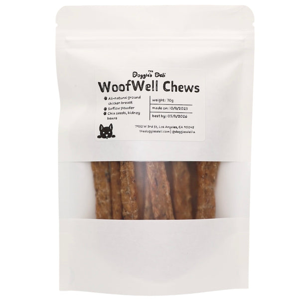 Package of WoofWell Chews with visible text and branding on a white background