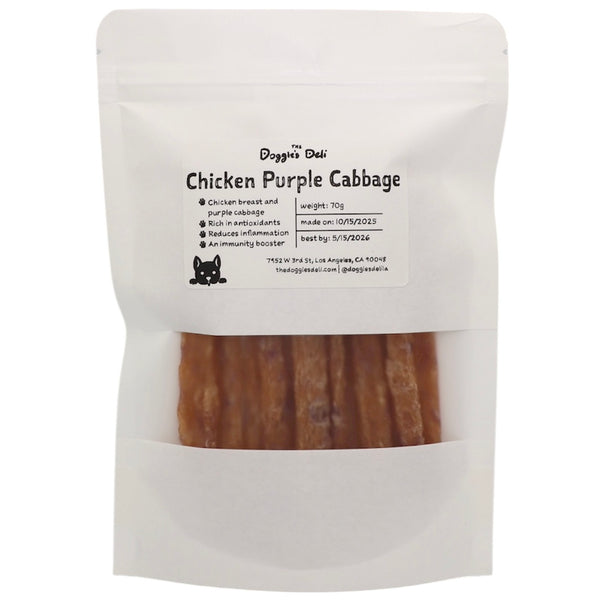 Dog treat package labeled 'Chicken Purple Cabbage' from 'Doggie's Deli' on a white background