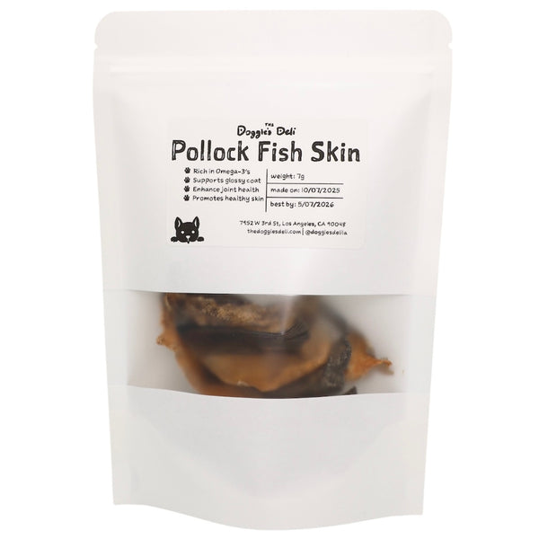 Package of Doggy Deli Pollock Fish Skin with product details on a white background