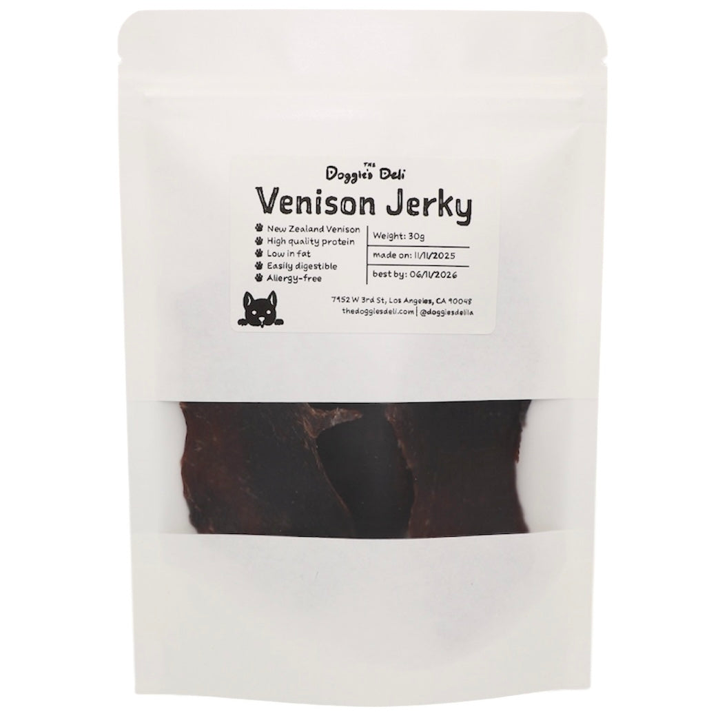 Package of Venison Jerky with visible text and branding on a white background
