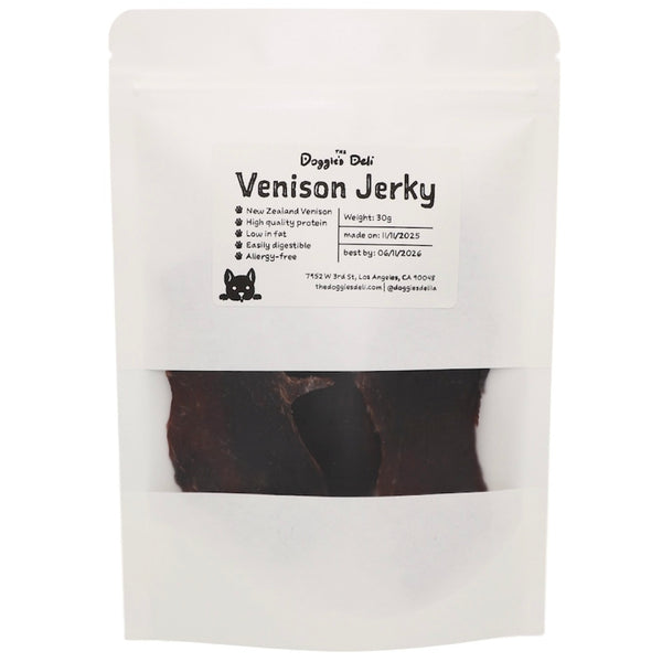 Package of Venison Jerky with visible text and branding on a white background