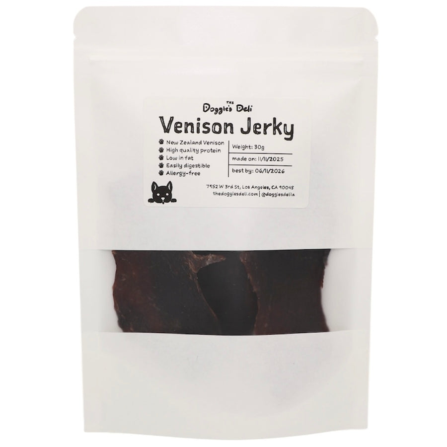 Package of Venison Jerky with visible text and branding on a white background