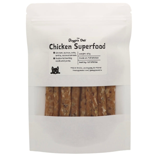 Package of Doggie Deli Chicken Superfood with visible chicken sticks inside.
