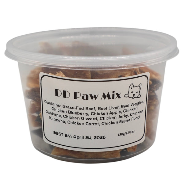 Container of DD Paw Mix with a label on a white background