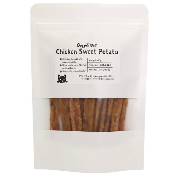 Package of Doggie Deli Chicken Sweet Potato treats with visible text and branding.