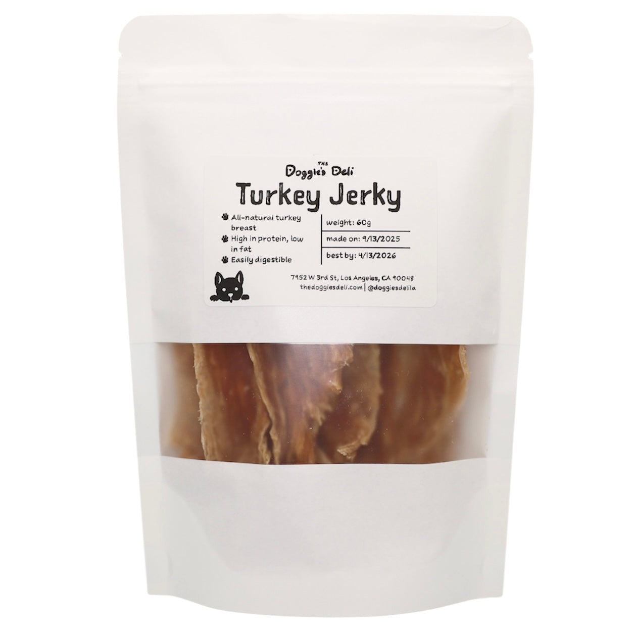 Package of turkey jerky with a white label on a white background