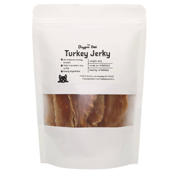 Package of turkey jerky with a white label on a white background