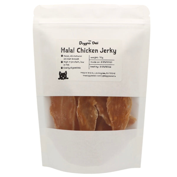 Package of Daggin Deli Halal Chicken Jerky with visible jerky inside on a white background