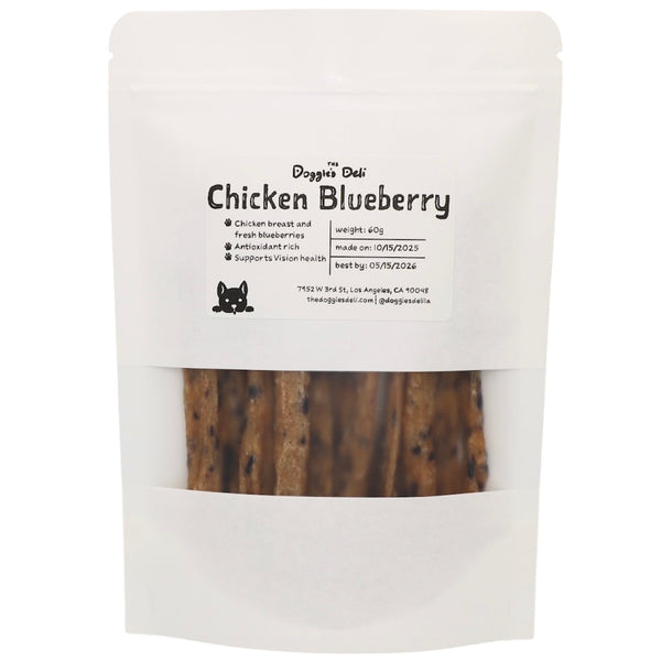 Doggie Deli Chicken Blueberry treat package on a white background