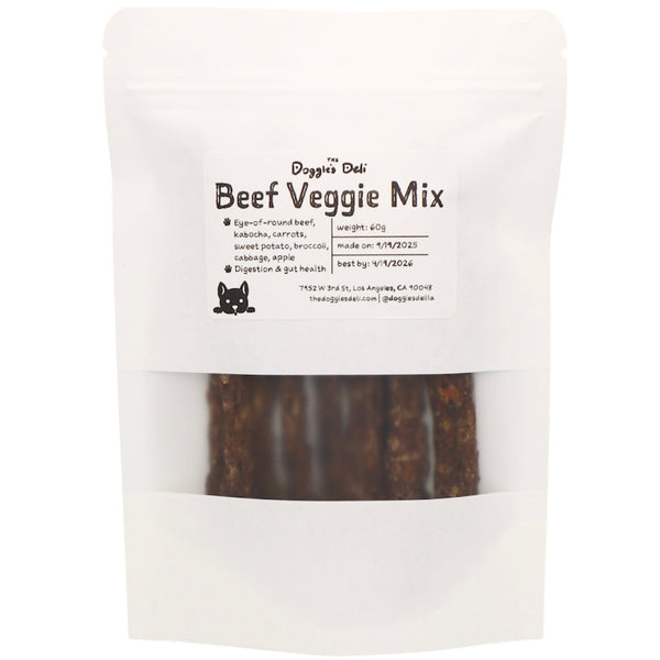 Package of Doggie Deli Beef Veggie Mix on a white background