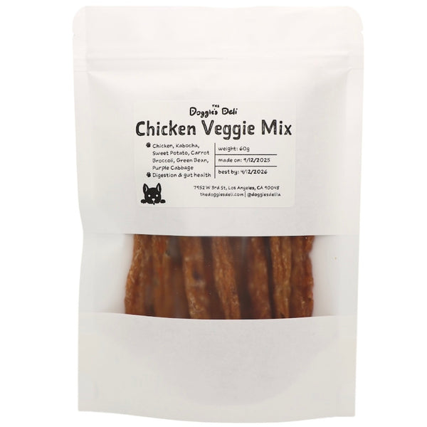 Package of Doggie Deli Chicken Veggie Mix on a white background