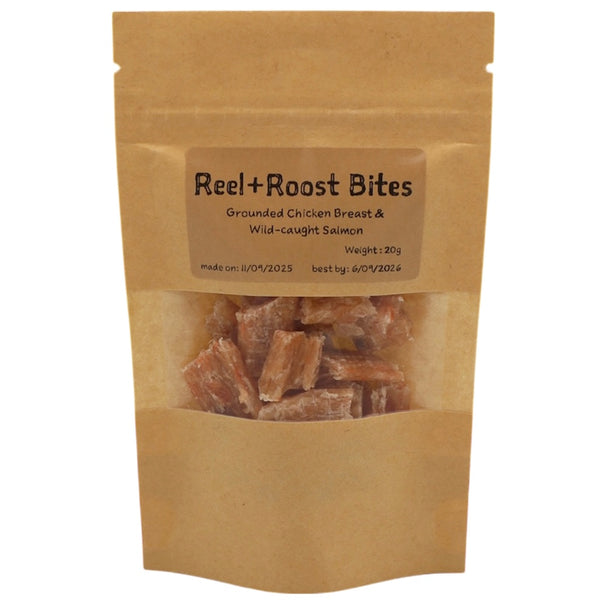 Kraft paper packaging of Reel + Roost Bites with visible product inside.