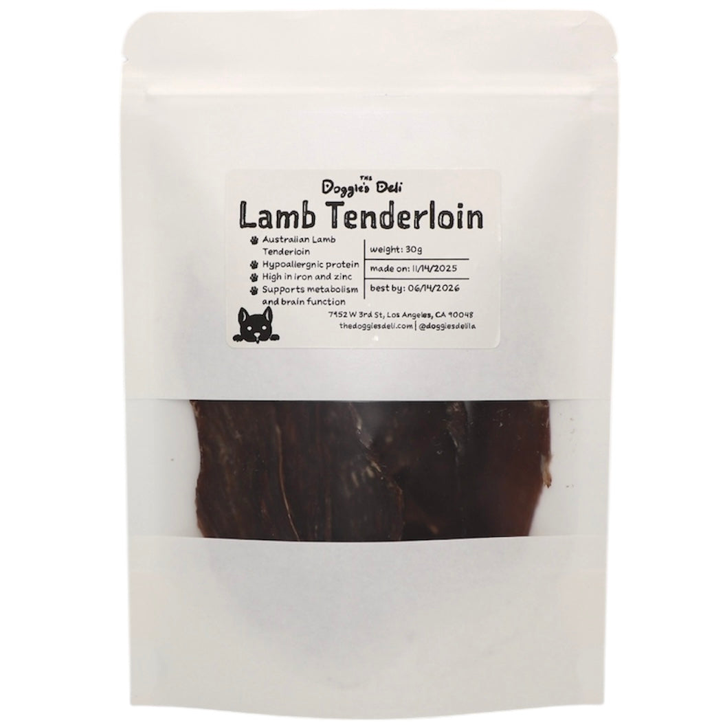 Package of Doggie Deli Lamb Tenderloin with visible text and branding on a white background
