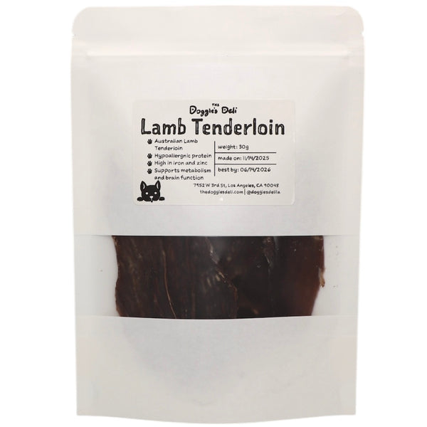Package of Doggie Deli Lamb Tenderloin with visible text and branding on a white background