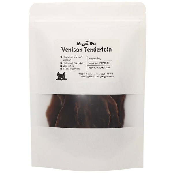 Package of venison tenderloin for dogs with visible text and branding.