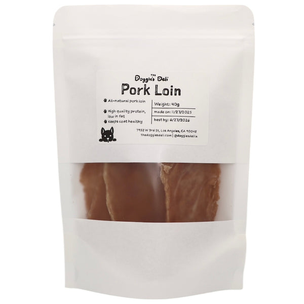 Package of Doggie Deli Pork Loin with visible text and branding on a white background