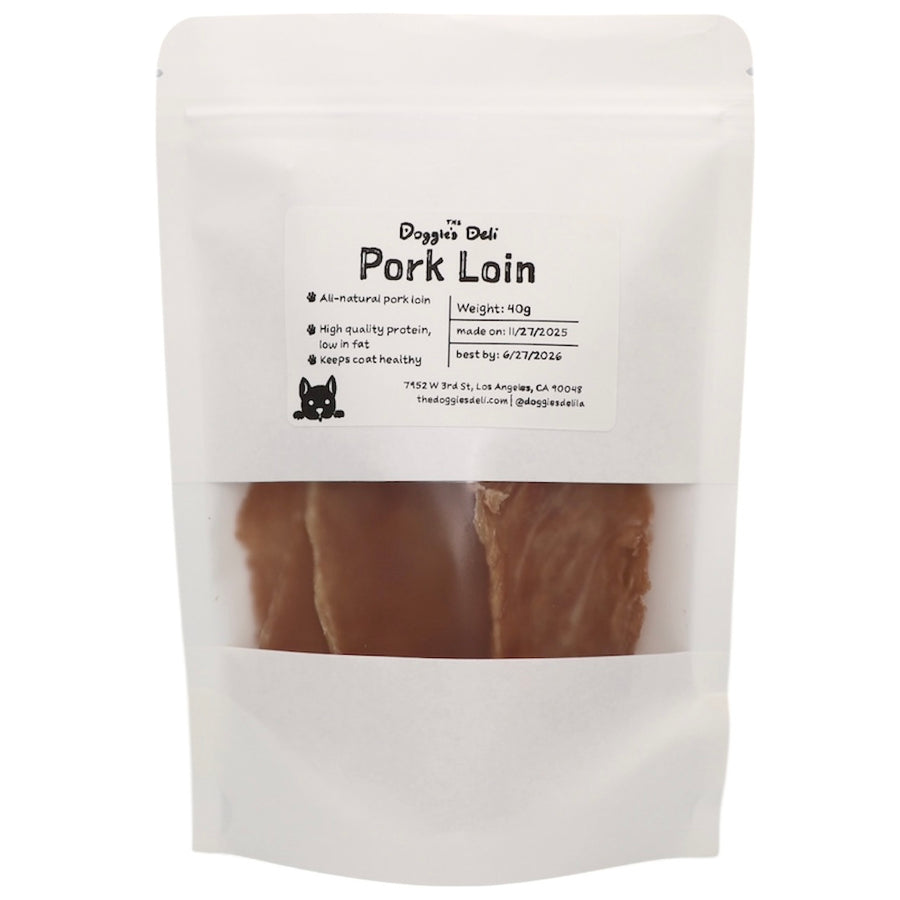 Package of Doggie Deli Pork Loin with visible text and branding on a white background