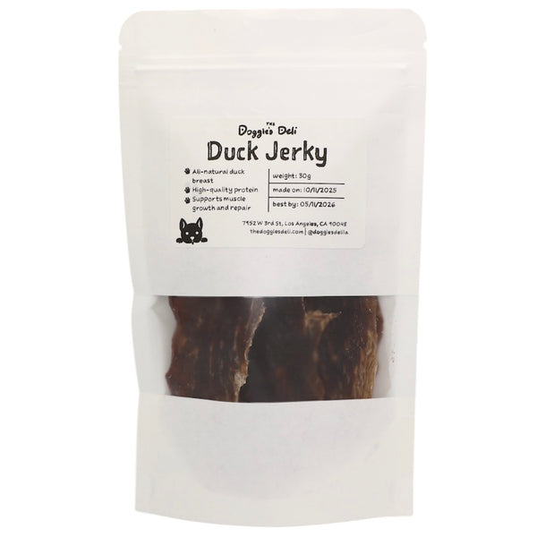 Bag of Duck Jerky with visible text on a white background